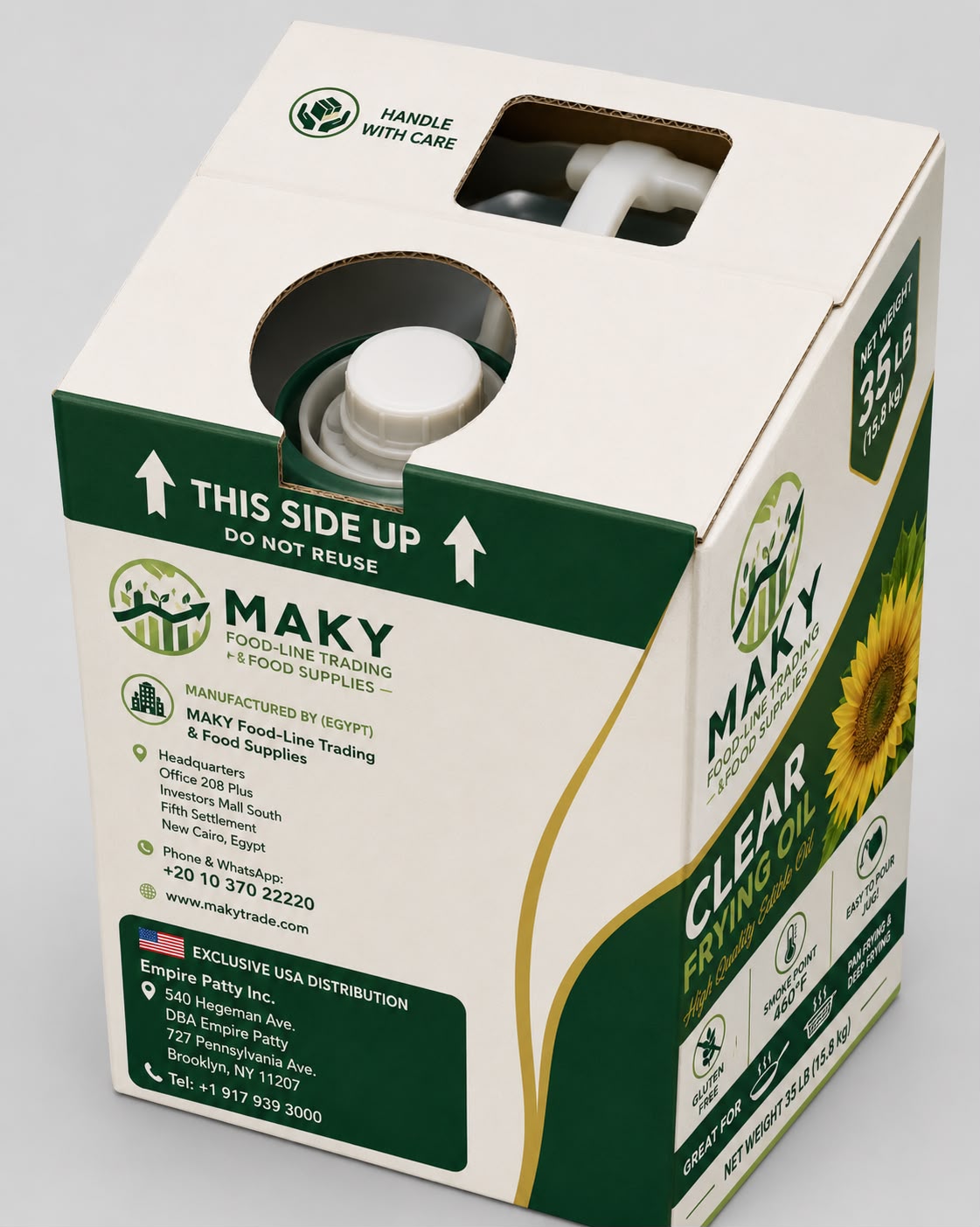 MAKY Clear Sunflower Frying Oil 35 lb foodservice carton box